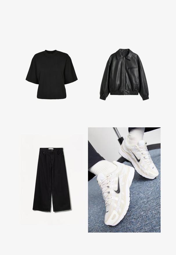 Zwarte faux leren jas met ritssluiting aan de voorkant, puntige kraag, elastische manchetten en zoom, en een ritssluiting borstzak op een witte achtergrond.; Zwart cropped t-shirt van katoen. Heeft korte mouwen en een ronde halslijn. Glad materiaal met een eenvoudig ontwerp, geen extra patronen.; Zwarte wijde jeans van denim. Heeft een hoge taille, voor- en achterzakken en zilveren hardware op de knoop en rits.; Witte en beige Nike sneakers met een mesh bovenwerk, textuur overlay, zwarte swoosh en een gevoerde zool met een gripzool.