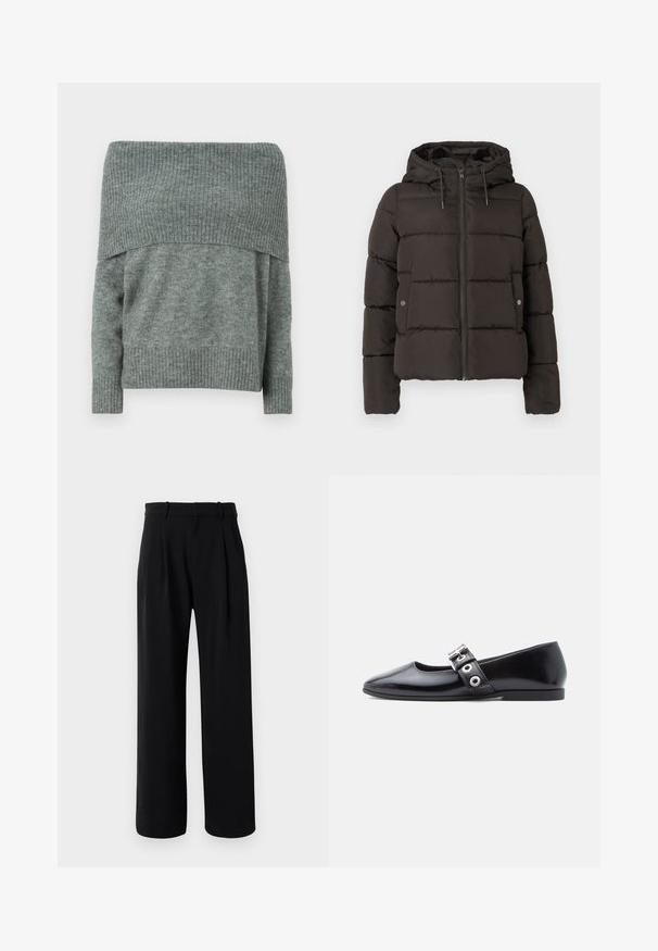 Veste rembourrée noire avec capuche, dotée d'une fermeture éclair sur le devant, de panneaux cousus et de poches latérales avec fermetures à pression. Texture de tissu lisse.; Pull à épaule dénudée en tricot gris chiné, avec une texture côtelée au niveau de l'encolure et des poignets, offrant une coupe décontractée et des manches longues.; Pantalons tailleur noirs taille haute avec jambes larges, passants de ceinture et pinces avant sur un fond blanc.; Chaussure plate en cuir verni noir avec bout carré, détail de boucle sur le côté et petit talon arrondi. Texture lisse et design minimaliste.