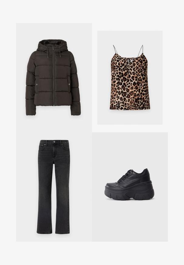 Sort polstret jakke med hætte, der har en frontlynlås, syede paneler og sidelommer med trykknaplukning. Glat stoftekstur.; Ærmeløs leopardprint camisole med tynde sorte spaghetti stropper og en lige halsudskæring.; Sorte denim jeans med lige ben-design, fem lommer og synlige syninger. Stoffet har en blød tekstur med en falmet finish.; Sorte snørebåndssneakers med en kraftig sål, der har en glat læderoverdel, rund tå og et markant lagdelt plade-design.