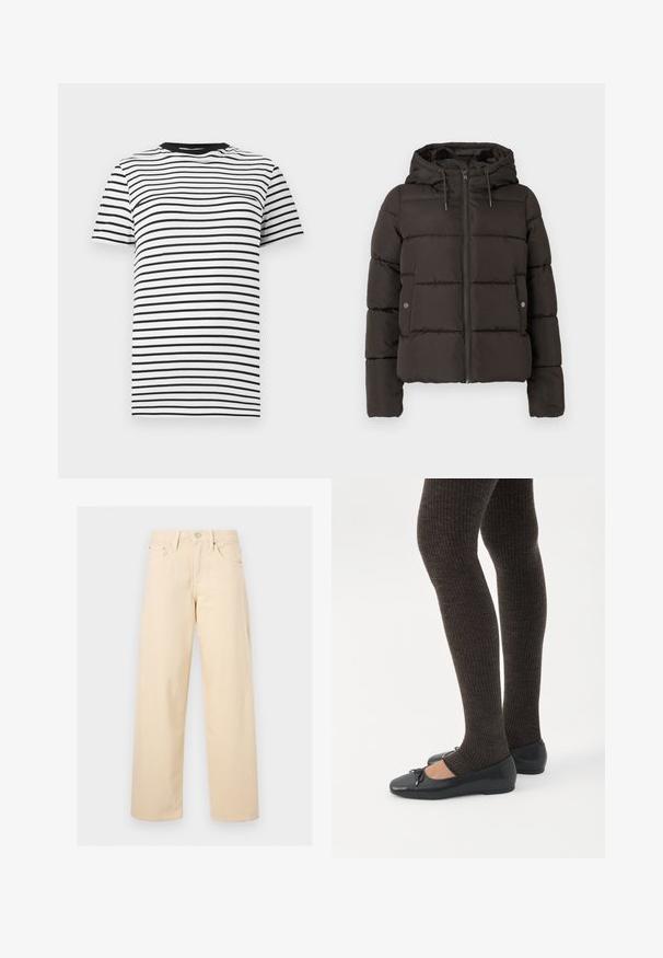 Chaqueta acolchada negra con capucha, con cremallera frontal, paneles cosidos y bolsillos laterales con cierres de botón. Textura de tela suave.; Camiseta de rayas en blanco y negro hecha de tejido suave. Presenta un cuello redondo y mangas cortas, con rayas horizontales de separación uniforme.; Pantalones beige de pierna recta con botón y cremallera delanteros, trabillas para cinturón y diseño de cinco bolsillos sobre un fondo liso y claro.; Piernas con leggings oscuros acanalados combinados con bailarinas negras que presentan pequeños detalles de lazo sobre un fondo blanco.