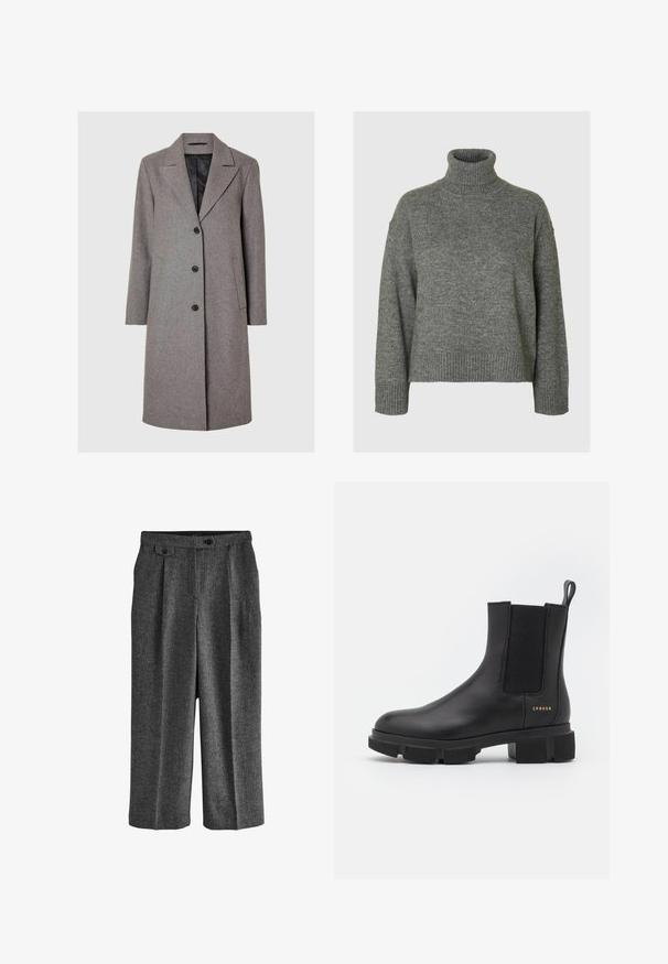 Grå uldblandingsfrakke med klapkrave, fire sorte knapper, to sidelommer og en ensfarvet inderside. Middellang lige pasform.; Grå turtleneck sweater lavet af et blødt, tekstureret materiale med en afslappet pasform. Har ribbede detaljer ved krave, ærmer og kant. Enkel design.; Next REGULAR FIT N PREMIUM WIDE LEG PLEATED - Habitbukser - grey; Sorte læder ankelstøvle med elastiske sidepaneler og en kraftig mønstret sål. Har en pull tab og guld branddetalje. Mat finish.