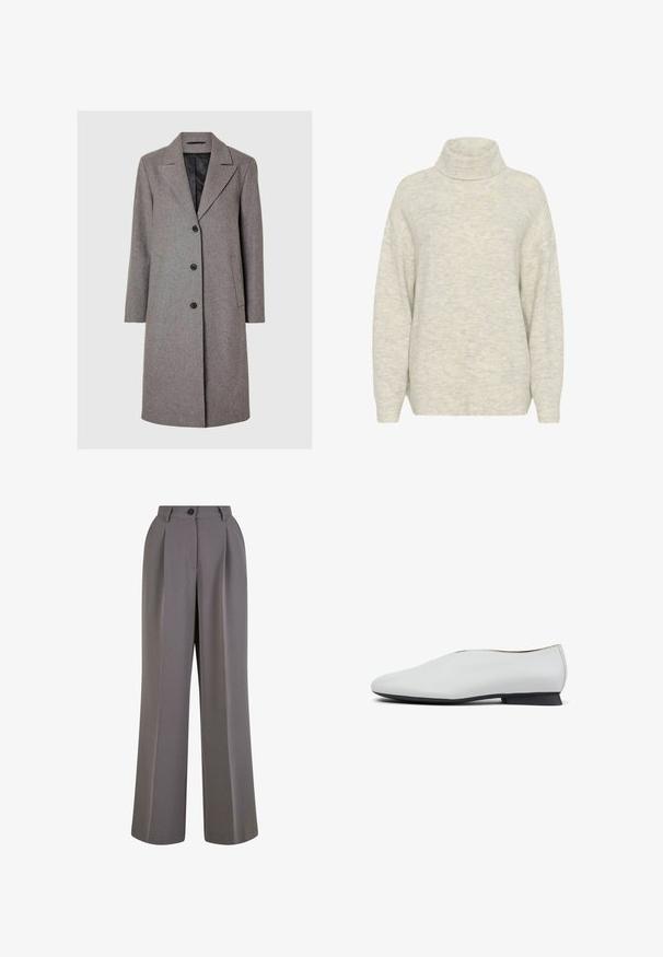 Grå uldblandingsfrakke med klapkrave, fire sorte knapper, to sidelommer og en ensfarvet inderside. Middellang lige pasform.; Lys grå turtleneck sweater lavet af blødt strikmateriale. Har en afslappet pasform, sænkede skuldre og ribkanter.; Bredbukser i gråt stof med for-pletninger, en enkelt knaplukning og sidelommer. Glat tekstur og skræddersyet design.; Hvid lædersko med rundet tå og lav sort hæl, der har en glat tekstur og et enkelt, elegant silhuet.
