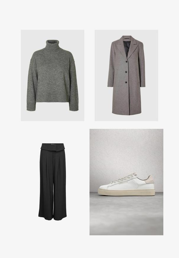 Manteau en mélange de laine gris avec un col cranté, quatre boutons noirs, deux poches latérales et une doublure intérieure unie. Coupe droite mi-longue.; Pull à col roulé gris fabriqué dans un matériau doux et texturé, avec une coupe décontractée. Présente un col, des poignets et un ourlet côtelés. Design simple.; Pantalon noir taille haute à jambes larges avec une ceinture pliée et des plis devant, présenté sur un fond blanc uni.; Sneaker en cuir blanc avec une finition lisse, accents en suède beige, bout arrondi, design à lacets plats et semelle en caoutchouc texturée.