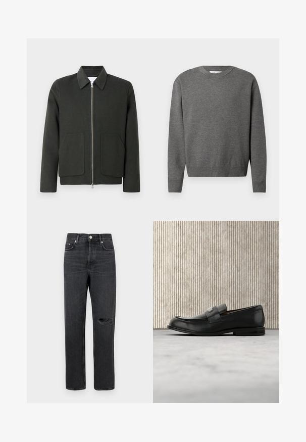Mørkegrønt uldmixjakke med krave, frontlynlås og to store påsatte lommer. Enkel design med blød tekstur.; Grå crewneck sweater lavet af blødt strikket stof. Har lange ærmer og ribbede manchetter og kant. Minimalistisk design uden synlige logoer.; Sorte denim jeans med lige ben, der har et revnet knæ, fem-lomme design og metalbeslag ved taljen og lommerne.; Sort læderloafer med metalbrandskilt hvilende nær et brunt rundt bord på beige tæppe.