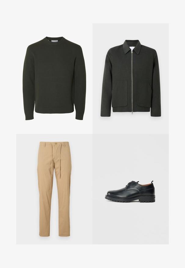 Mørkegrønt uldmixjakke med krave, frontlynlås og to store påsatte lommer. Enkel design med blød tekstur.; Mørkegrøn strikket sweater med rund hals, lange ærmer samt ribkant ved ærmeafslutninger og bund, vist på hvid baggrund.; Lyse beige bomuldsbukser med snøre i taljen, tætsiddende pasform, standardlommer og knaplukning foran. Glat tekstur.; Sorte læder derby-sko med en glat overflade, rund tå, snøre-design og en tyk, robust gummisål.