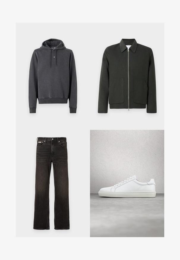 Veste en mélange de laine vert foncé avec un col, fermeture éclair à l'avant et deux grandes poches plaquées. Design simple avec une texture douce.; Sweat à capuche gris foncé, fabriqué en mélange de coton doux. Il présente une poche kangourou, des poignets côtes et un petit logo sur la poitrine.; Jeans en denim noir avec une coupe droite, finition délavée, style cinq poches et fermeture par bouton en métal. Présente un léger effet de vieillissement.; Sneaker blanche avec une tige en cuir lisse et un profil bas. Présente un bout arrondi, six œillets et une semelle en caoutchouc texturé.