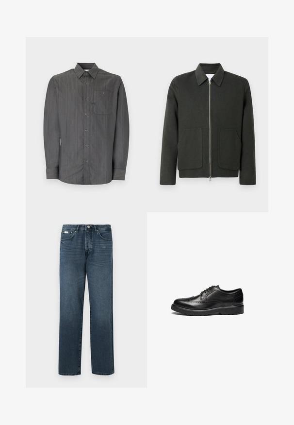 Dunkelgrüner Wollmischjacke mit Kragen, Vorderreißverschluss und zwei großen aufgesetzten Taschen. Einfaches Design mit weicher Textur.; Grau gestreiftes Langarmhemd mit Button-Down-Kragen und Brusttasche, ausgestattet mit kleinen Knöpfen und einem strukturierten Stoff.; Dunkelblaue Jeans aus Denim mit geradem Schnitt, fünf Taschen, Gürtelschlaufen und Reißverschluss. Glatte Textur mit dezenten Ausbleichungen.; Schwarze Leder-Dressschuhe mit Broguedetails, runder Zehenform und strukturiertem Sohlen. Verfügt über klassische Schnürung und einen stabilen Absatz für Unterstützung.