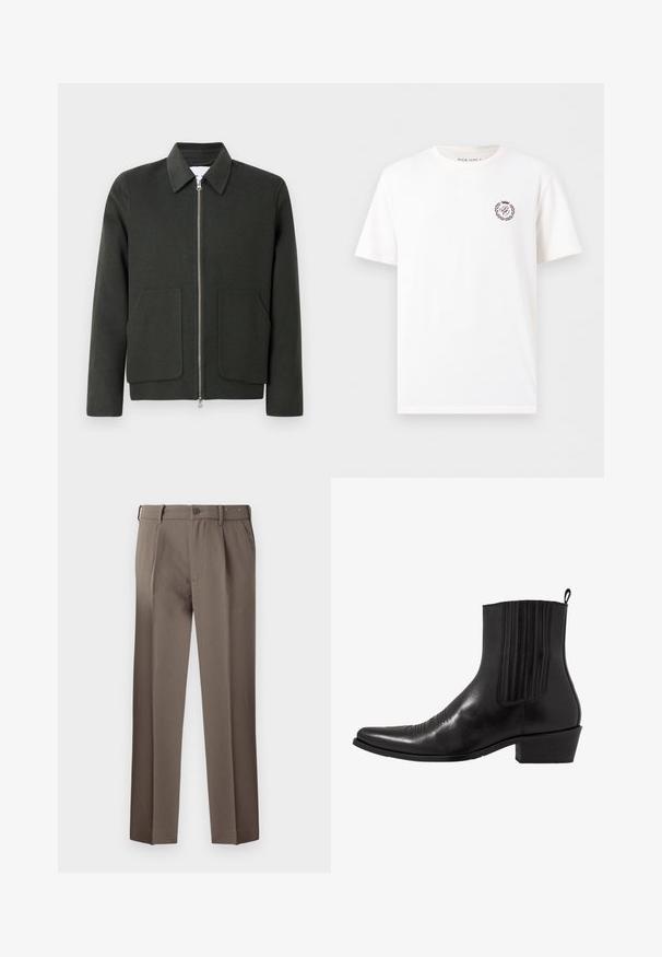 Veste en mélange de laine vert foncé avec un col, fermeture éclair à l'avant et deux grandes poches plaquées. Design simple avec une texture douce.; T-shirt blanc à manches courtes et col rond avec petit logo écusson bordeaux sur la poitrine gauche comportant des lettres et une couronne de laurier.; Pantalons marron sur mesure avec plis, dotés d'une fermeture à bouton, de passants de ceinture et d'une texture tissée lisse. Design classique à jambe droite.; Bottine noire en cuir avec un bout pointu, des panneaux latéraux élastiques, des accents de coutures verticales et un petit talon bloc.