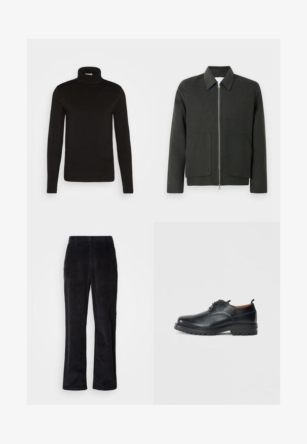Dunkelgrüner Wollmischjacke mit Kragen, Vorderreißverschluss und zwei großen aufgesetzten Taschen. Einfaches Design mit weicher Textur.; Schwarz, langärmliges Turtleneck-Shirt aus einem glatten Stoff mit figurnaher Passform und hohem, enganliegendem Kragen. Keine sichtbaren Muster oder Akzente.; Cordhosen in dunklem Schwarz mit geradem Bein, ausgestattet mit Knopfverschluss, Gürtelschlaufen und Seitentaschen für funktionalen Gebrauch.; Schwarze Leder Derby-Schuhe mit glatter Textur, runder Zehenform, Schnürdesign und einer dicken, robusten Gummisohle.