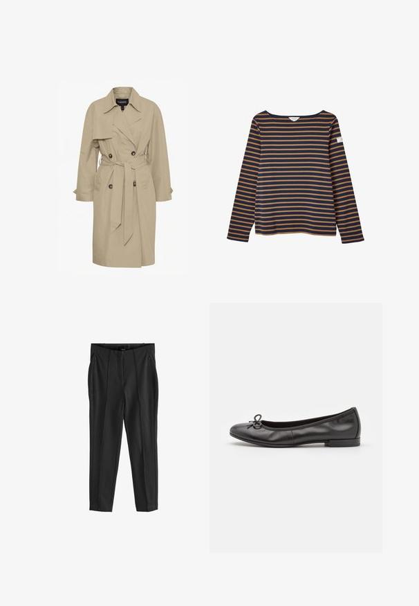 Beige trenchcoat med taljebælte, dobbeltknaplukning, spidse krave og to for- og lommer. Lavet af letvægtsstof.; Langærmet skjorte med horisontale striber i marineblå og brun, bådudskæring og lille stoflabel på venstre ærme.; Sorte tapered bukser med en glat tekstur, der har to forreste lynlås lommer og fold i fronten for en struktureret design.; Sorte læder balletflade sko med rund tå, en lille sløjfedetail på fronten og en lav, rektangulær hæl. Glat tekstur.