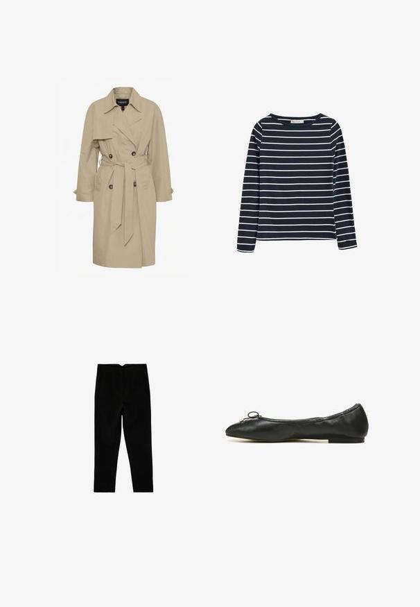 Beige trenchcoat med taljebælte, dobbeltknaplukning, spidse krave og to for- og lommer. Lavet af letvægtsstof.; Navyblå langærmet skjorte med hvide vandrette striber, rund hals og en lille logotag på venstre ærmekant.; Sorte skræddersyede ankelkorte bukser med sidelommer og let tilspidset ben, vist fladt på en hvid baggrund.; Sort læder balletflad med rund tå, der har en lille sløjfe og en slank, flad gummisål. Glat tekstur og minimalistisk design.