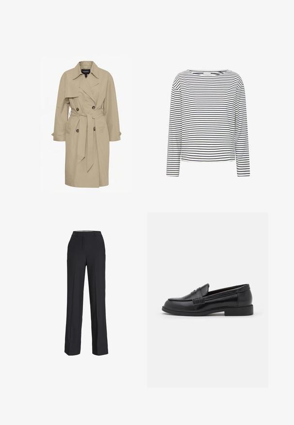 Trench beige con cinturón en la cintura, botones de doble botonadura, un cuello puntiagudo y dos bolsillos frontales. Hecho de tela ligera.; Camiseta de manga larga con escote barco, hecha de un tejido suave con rayas horizontales en azul marino y blanco. Corte recto y detalles minimalistas.; Pantalones negros de cintura alta con corte recto. Fabricados en una tela suave, con pliegues delanteros y bolsillos laterales.; Mocasines de cuero negro con una textura suave, punta redondeada, detalles de costura en la parte superior y una suela de goma baja y plana.