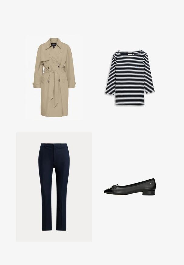 Beige Trenchcoat mit Taillengürtel, doppelreihigen Knöpfen, spitzem Kragen und zwei vorderen Taschen. Aus leichtem Stoff gefertigt.; Marineblau-weiß gestreiftes Langarmtop mit weitem Ausschnitt und besticktem Schriftzug auf der linken Brustseite. Hergestellt aus weichem Stoff.; Dunkel marineblaue, maßgeschneiderte, gerade Hose mit Gürtelschlaufen und Reißverschluss vorne vor weißem Hintergrund.; Schwarze Ballerinas mit spitzem Zehenbereich, aus Leder gefertigt, mit Lackleder-Akzent an der Zehe und einem niedrigen Blockabsatz. Verfügt über ein Schleifen-Detail.