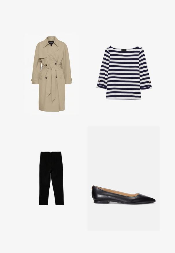 Beige trenchcoat med taljebælte, dobbeltknaplukning, spidse krave og to for- og lommer. Lavet af letvægtsstof.; Marineblå og hvide stribede langærmede top med bådudskæring og guldknapdetaljer på opsmøgede ærmer. Blødt stof, afslappet pasform.; Sorte skræddersyede ankelkorte bukser med sidelommer og let tilspidset ben, vist fladt på en hvid baggrund.; Sorte læder ballethsko med spids tå, lav hæl og et guldakcent på hælen. Glat tekstur med en klassisk silhuet.