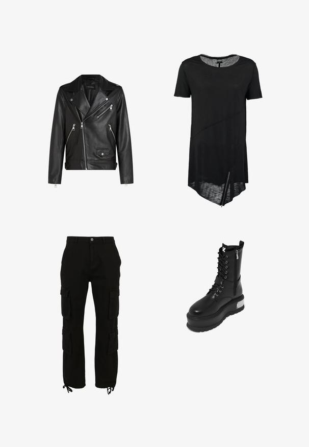 Chaqueta de motocicleta de cuero negro con cremalleras plateadas, frente asimétrico, gran collar y un acabado texturizado. Los detalles incluyen bolsillos con botones a presión.; Camiseta negra de manga corta con cuello redondo, dobladillo asimétrico, textura transparente y detalle de cremallera lateral. Tejido suave y ligero.; Pantalones cargo negros de algodón, con múltiples bolsillos laterales, cierre de botón y bajos ajustables con cordones.; Botín de combate de imitación de cuero negro con una plataforma gruesa, que presenta un cierre de cordones en la parte frontal, cierre de cremallera y un acento metálico en el tacón.