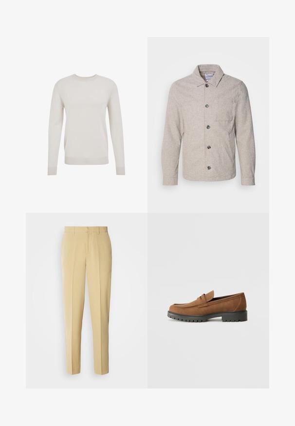 Lindbergh Let jakke / Sommerjakker - dark sand melange; Cremefarvet strikket sweater, rund hals, lange ærmer, ribbede manchetter og kant. Blød tekstur, enkelt design og letvægtsmateriale.; Beige skræddersyede bukser med lige pasform, flad front og sidelommer. Fremstillet af et glat stof med en let glans.; Brune Suede loafers med en rund tå og en lav sort gummisål, der har et dekorativt bånd og syninger på overdelen.