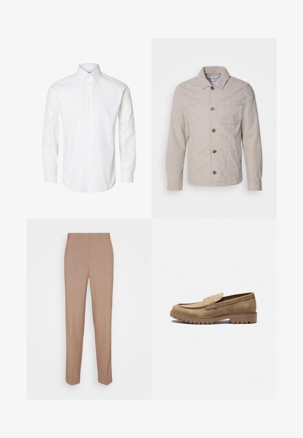 Lindbergh Veste légère - dark sand melange; Chemise blanche à manches longues avec boutons, col pointu, boutons visibles sur le devant et poignets fermés par des boutons.; Pantalon beige sur mesure en tissu lisse et texturé. Coupe droite avec une taille à la taille et sans ornements visibles ni poches.; Mocassins en daim beige avec un bout arrondi, semelle en caoutchouc plate et coutures décoratives sur la tige. Dispose d'un design à enfiler sans lacets.