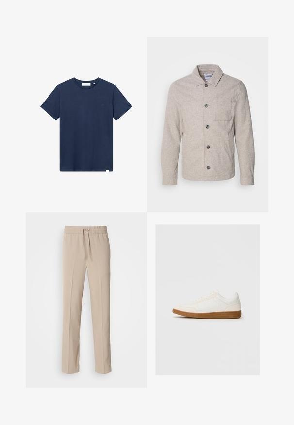 Lindbergh Lichte jas - dark sand melange; Navyblauwe katoenen t-shirt met een ronde hals, korte mouwen en een klein geborduurd logo op de linkerkant van de borst. Zachte textuur.; Beige, relaxte broek gemaakt van zachte stof, met een elastische tailleband met een trekkoord en rechte pijpen met minimale accenten.; Witte sneaker met een suède neus, een glad synthetisch bovenwerk en een tan rubberen zool. Beschikt over perforaties aan de zijkanten voor ventilatie.