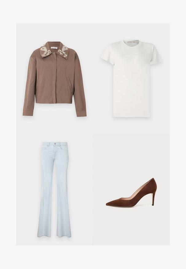 Chaqueta marrón de manga larga con diseños bordados de paisley blancos en el cuello ancho y los bolsillos frontales con abertura, etiqueta Stine Goya.; Camiseta blanca de manga corta hecha de algodón, con escote redondo y corte sencillo. Las etiquetas muestran "DESIGNERS REMIX" dentro del cuello.; Jeans acampanados de color azul claro hechos de mezclilla. Incluyen cierre con botón, cinco bolsillos y costuras sutiles. Textura suave y piernas anchas.; Zapato de tacón alto de ante marrón con punta afilada y tacón de aguja delgado sobre fondo blanco.