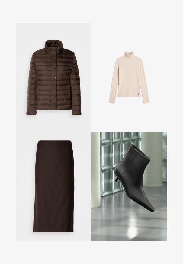 Brun pufferjakke med høj krave, quiltet design, frontlukning med trykknapper og sidelommer. Glat, shiny stoftekstur.; Beige ribstrikket langærmet turtleneck sweater med et lille logopatch nær den nederste kant på en hvid baggrund.; Brun blyantskørt, knælængde, lavet af glat stof. Har et enkelt design uden synlige mønstre eller pynt.; Sort læderankelstøvle med spids tå og lille hæl vist mod en væg af glasblokke og poleret gulv baggrund.