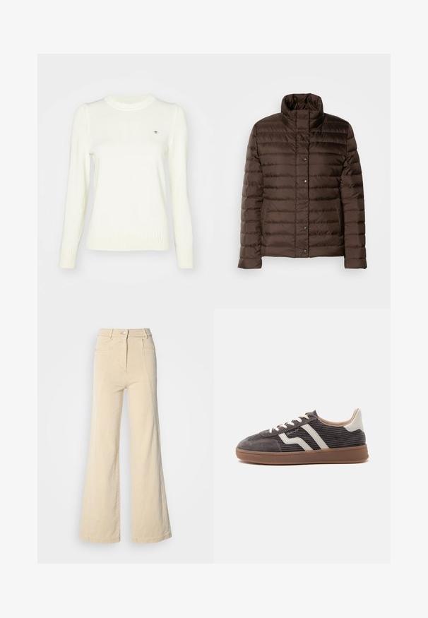 Brun pufferjakke med høj krave, quiltet design, frontlukning med trykknapper og sidelommer. Glat, shiny stoftekstur.; Lyscreme sweater, strikket tekstur, crew neck, lange ærmer, ribbede manchetter og søm. Diskret logodetalje på brystet.; Beige vidde jeans med høj talje, forlommer og kontrasterende syninger, udstyret med en knaplukning og en glat bomuldsstruktur.; Enkel mørkegrå sneaker med hvide læderdetaljer, teksturerede sider, hvide snørebånd og en brun gummisål, vist fra siden på en ensfarvet baggrund.