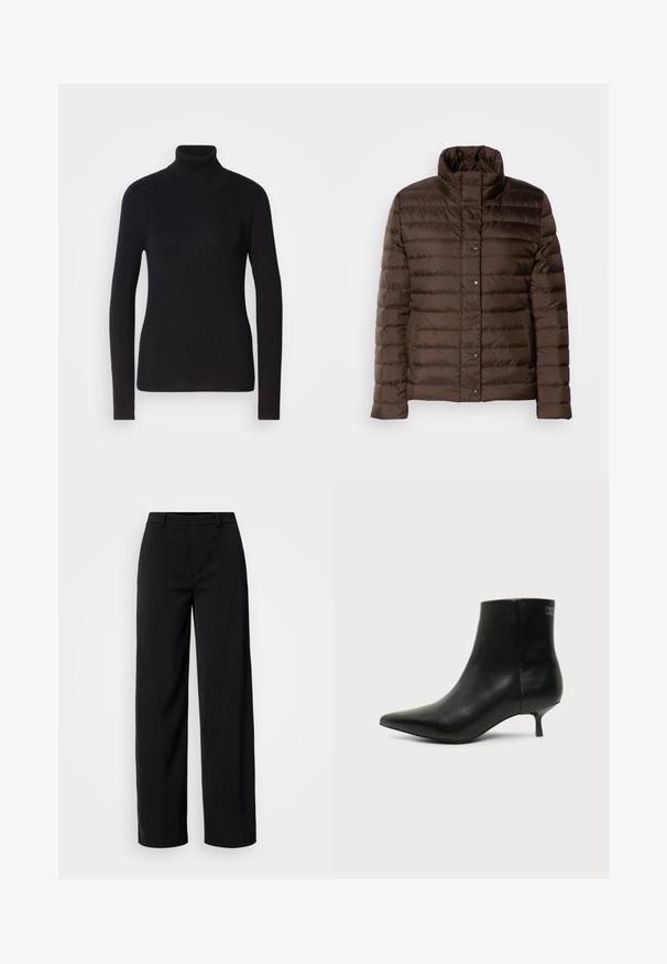 Brun pufferjakke med høj krave, quiltet design, frontlukning med trykknapper og sidelommer. Glat, shiny stoftekstur.; Sort ribbet rullekravesweater med lange ærmer. Fremstillet af strikmateriale med en tætsiddende design. Glat tekstur og høj halsdetalje.; Sorte brede bukser lavet af glat stof, med et klassisk talje bånd og en skræddersyet silhuet med frontlommer.; Sort læder ankelstøvle med spids tå og lav kitten hæl på lys baggrund, der viser yderside.