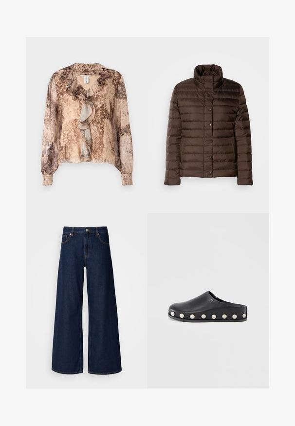 Brun pufferjakke med høj krave, quiltet design, frontlukning med trykknapper og sidelommer. Glat, shiny stoftekstur.; Langærmet bluse med slangehudsmønster i nuancer af beige og brun, med en flæset front og sammensnørede ærmer. Blødt, letvægts stof.; Bredde ben mørkeblå denimbukser med høj talje, frontlommer og knaplukning. Har kontrastsyninger og en glat tekstur.; Sort lædertræsko med rundet tå og flad sål, der har hævede hvide nitter langs siderne som dekorativ detalje.