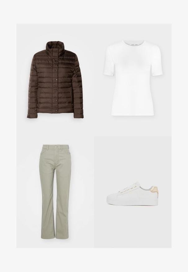 Doudoune marron avec un col montant, design matelassé, fermeture à boutons-pression sur le devant et poches latérales. Texture de tissu lisse et brillante.; T-shirt blanc à manches courtes avec col rond, coupe slim et texture de tissu côtelé, présenté sur un fond uni gris clair.; Pantalons taille haute vert clair avec une coupe droite. Comprend des poches classiques et une fermeture à bouton en métal à l'avant. Texture de tissu douce.; Baskets blanches avec une finition en daim texturé, semelle plate, œillets dorés et un accent doré au niveau du talon. Design simple et minimaliste.