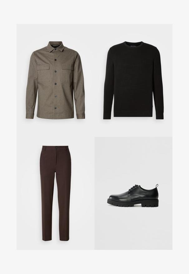 Brun ternet skjortejakke med krave, frontlukning med knapper, to brystlommer og lange ærmer. Lavet af tekstureret stof.; Sort strikfanget crew-neck sweater med lange ærmer, tekstureret stof, ribbede manchetter og kant, med et lille logo på brystet.; Brune bukser med lige ben, der har en enkelt forskydning foran, en knaplukning og en glat stofoverflade.; Sort læder sko med en rund tå, der har snørelukning, solid sort gummisål og en lille hælflap bagpå.