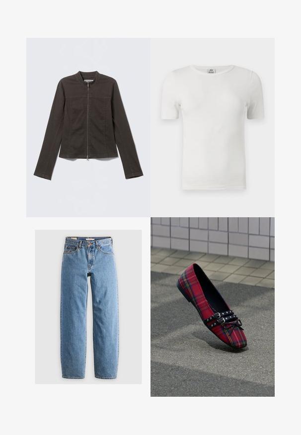 Veste marron foncé à manches longues avec fermeture éclair complète à l'avant et col rond, en tissu lisse, posée à plat sur un fond clair.; T-shirt blanc côtelé à manches courtes, col rond, coupe ajustée et étiquette de la marque JDY à l'intérieur du col.; Jean en denim bleu clair avec une coupe droite, cinq poches, une fermeture éclair et une texture légèrement délavée. Style classique avec peu de matériel.; Chaussure plate rouge tartan à bout pointu, double bride noire cloutée et nœud, posée sur l'asphalte près d'un mur carrelé.