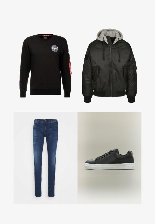 Mustat pommikaukohtatakki, jossa on harmaa huppu, etuvetoketju ja ribatut hihansuut. Varustettuna sivutaskuilla ja läpällä vasemmassa hihassa. Sujuva pinta.; Alpha Industries NASA - Collegepaita - schwarz; Tummansiniset farkut, joissa on slim fit -leikkaus, viisi taskua, haalistuneet yksityiskohdat ja nappikiinnitys vyötäröllä.; Musta nahkainen matala tennari, jossa mustat nauhat ja valkoinen kumipohja neutraalilla taustalla, sivukuva.