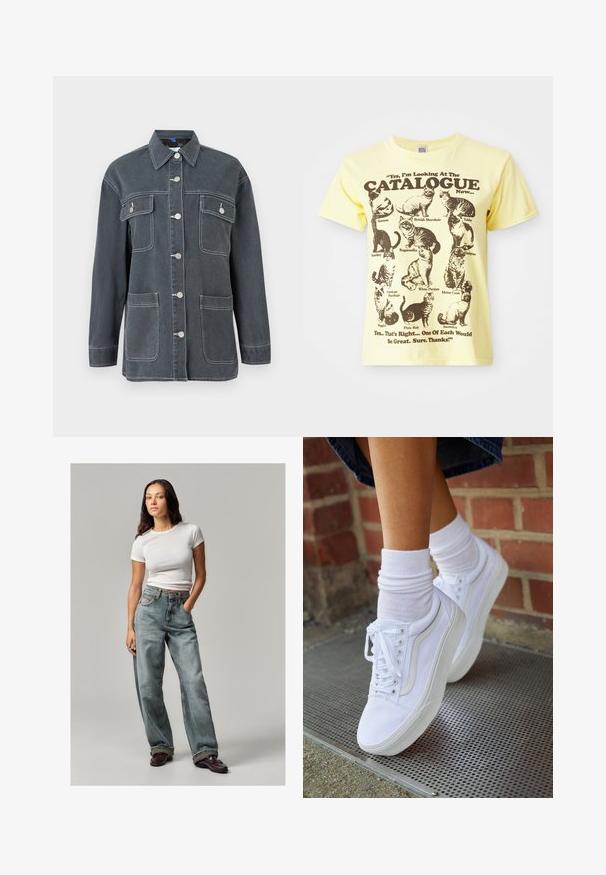 Mørkeblå denimjakke med knapfront, to brystlommer og to nederste lommer. Har kontrastfarvet hvid syning og en krave.; Gul bomulds T-shirt med illustrationer af sorte katte og teksten: "Ja, jeg kigger på KATALOGEN nu...". Rund hals, korte ærmer.; Lysblå denim brede bukser med falmede detaljer, høj talje og forlommer. Sat sammen med en tætsiddende hvid t-shirt med korte ermer og bordeauxfarvede sko.; Hvide lærreds sneakers med gummisåler, der har seks snørehuller, rund tå og let sømdetaljer, krydret med hvide ankelstrømper.