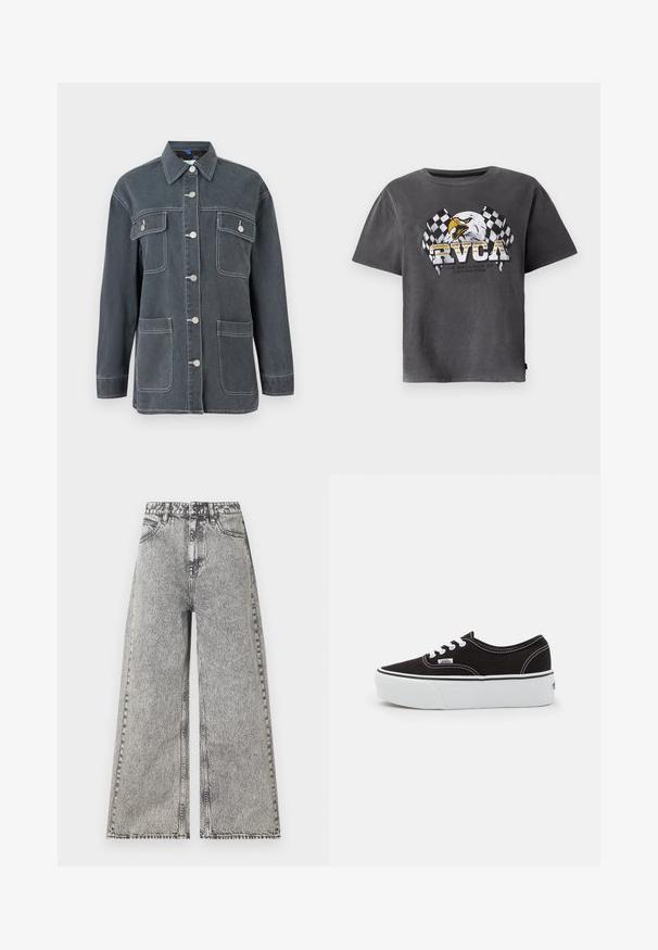 Donkerblauwe spijkerjack met knopen aan de voorkant, twee borstzakken en twee onderste zakken. Voorzien van contrasterende witte stiksels en een kraag.; Grijze katoenen t-shirt met korte mouwen, voorzien van een adelaar graphic en geblokte vlaggen. Het ontwerp bevat de tekst "RVCA" en een slogan eronder.; Wijdlopende jeans in vervaagd zwart denim, met een hoge taille, klassiek vijf-pocket ontwerp en zichtbare stikdetails.; Zwarte canvas sneaker met een witte rubberen platformzool, voorzien van witte veters en stiksels, iconische branding op de zijkant, low-top ontwerp.