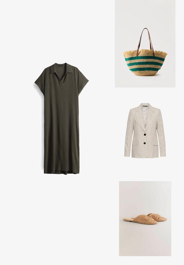 Beige linnen blazer met twee zwarte knopen, ingesneden revers, lange mouwen en twee voorflapzakken, uniseks stijl.; Olijfgroene jurk van textuurstof, met een kraag, korte mouwen en een losvallend ontwerp tot de enkels.; Geweven leren slidesandalen in lichtbruin, met een oversized geweven bovenkant en een platte zool. De spitse neus zorgt voor een strakke uitstraling.; Geweven strooien draagtas met groene horizontale strepen, franjes aan de bovenkant en twee bruine leren schouderbanden.