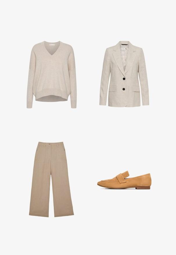 Blazer de lino beige con dos botones negros, solapas de muesca, mangas largas y dos bolsillos frontales con solapa, estilo unisex.; Suéter beige de cuello en v con hombros caídos, mangas largas y un corte relajado. Tela suave y texturizada con un dobladillo ligeramente recortado.; Pantalones anchos beige con bolsillos delanteros de parche, cierre con botones, trabillas para cinturón y cintura alta, mostrados planos sobre un fondo blanco.; Mocasines de ante color arena con tacón plano, punta redondeada y una tira cosida en el empeine para un acabado refinado.
