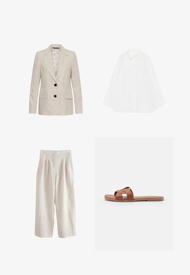 Beige linnen blazer met twee zwarte knopen, ingesneden revers, lange mouwen en twee voorflapzakken, uniseks stijl.; Witte blouse met lange mouwen en knopen, met spitse kraag, plat gelegd op een witte achtergrond, voorkant zichtbaar.; Lichtbeige linnenbroek met een wijde pijpdesign, featuring plooien aan de voorkant en zijzakken, wat zorgt voor een textuurafwerking.; Bruine platte sandaalslippers van soepel leer met een kruissprayontwerp, met een vlakke zool en een minimalistische stijl.