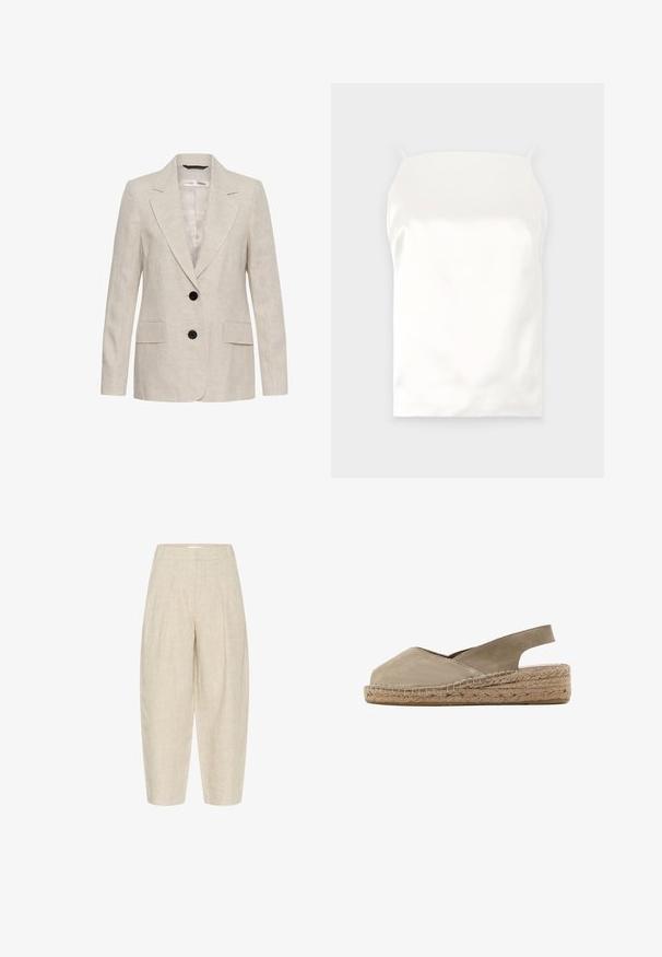 Beige hørblazer med to sorte knapper, hakkede revers, lange ærmer og to forlommer med klap, unisex stil.; Hvid satin cami med tynde stropper, glat tekstur, rektangulær form og ingen synlige mønstre eller accenter.; Beige linnedbukser med løs pasform, der har folder ved taljen, cropped længde, og et tekstureret, vævet stof.; Beige ruskind espadrille sandal med åben hæl, lukket tå, flettet jute-platformsål og slingback-rem.