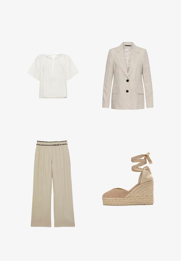 Beige hørblazer med to sorte knapper, hakkede revers, lange ærmer og to forlommer med klap, unisex stil.; Hvid bluse med korte ærmer, et tekstureret rutemønster og en nøglehulslukning med bindebånd bagpå. Fremstillet af letvægtsstof.; Beige vide benbukser med lodrette plisseringer og en talje med sorte striber. Lavet af letvægtsstof, velegnet til både hverdag og formelle anledninger.; Beige lærred kile-espadrille med flettet jute-platform og snørebånd om anklen, med vævet hælkappe.