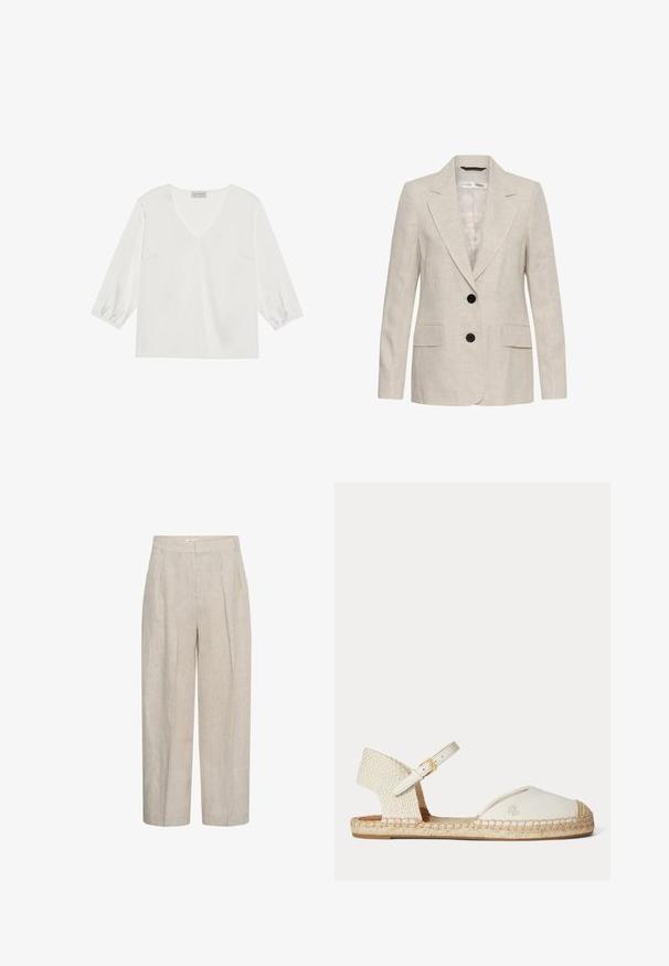 Beige linnen blazer met twee zwarte knopen, ingesneden revers, lange mouwen en twee voorflapzakken, uniseks stijl.; Witte blouse met lange mouwen, een diepe V-hals, zacht satijnachtig materiaal en gathered manchetten voor een relaxed fit.; Beige high-waist wijde broek met plooien aan de voorkant en riemlussen, gemaakt van een gestructureerde linnenstof.; Witte espadrille sandaal met gevlochten hak, enkelriem met gouden gesp en "RL" logo op canvas teenkap, platte jutesoel.