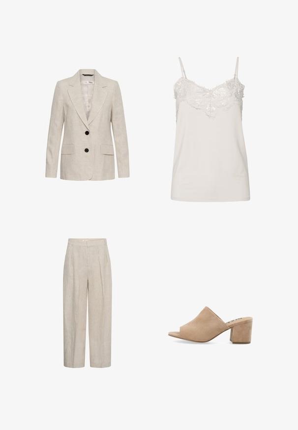 Blazer en lin beige avec deux boutons noirs, revers crantés, manches longues et deux poches à rabat à l'avant, style unisexe.; Camisole blanche sans manches avec une bordure en dentelle le long de l'encolure et des bretelles fines réglables.; Pantalon beige taille haute à jambes larges avec plis devant et passants de ceinture, fabriqué en tissu de lin texturé.; Mules en daim beige à bout ouvert avec un talon bloc, présentant une texture lisse et un design ample sur le dessus. Pas de matériel visible ni de motifs.