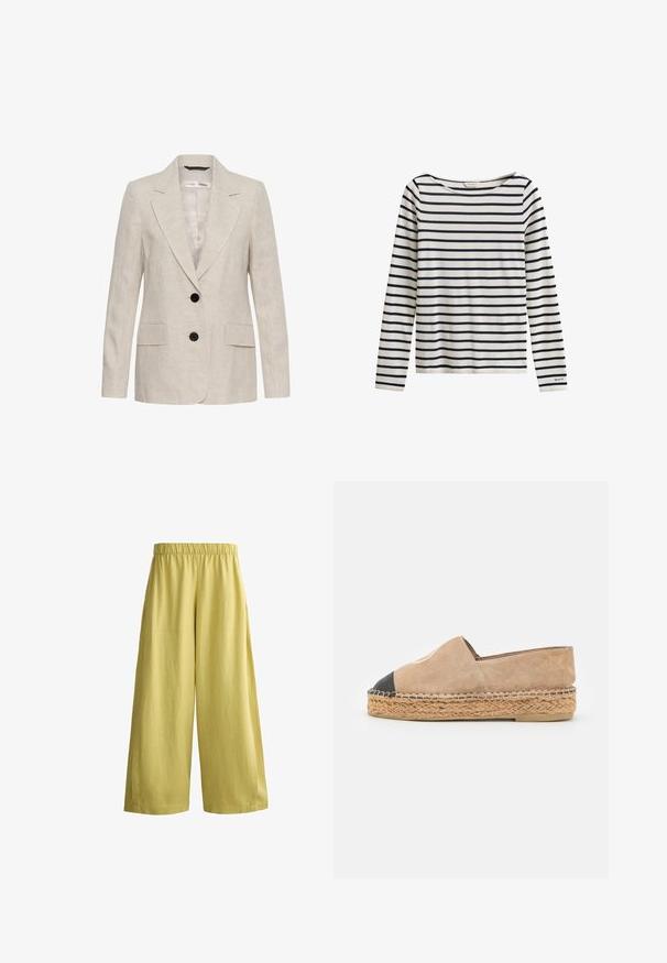 Blazer en lin beige avec deux boutons noirs, revers crantés, manches longues et deux poches à rabat à l'avant, style unisexe.; Chemise blanche à manches longues avec des rayures horizontales bleu marine et un petit logo "GANT" sur le poignet de la manche gauche.; Pantalon ample à jambes larges de couleur jaune moutarde avec une taille élastique, présenté sur un fond blanc.; Walk London VENICE FULL - Espadrilles - off white