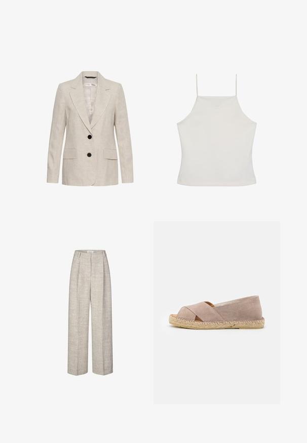 Blazer de lino beige con dos botones negros, solapas de muesca, mangas largas y dos bolsillos frontales con solapa, estilo unisex.; Top corto blanco sin mangas con tirantes finos y el logo sutil "cK" bordado en el pecho, fondo liso.; Pantalones de tiro alto en gris claro con una tela texturizada, piernas anchas y dos pliegues frontales. Con cierre de botón en la parte delantera y presillas para cinturón.; Espadrilles de ante beige con tiras cruzadas y diseño de punta abierta. Suela envuelta en yute, tacón plano y textura suave.