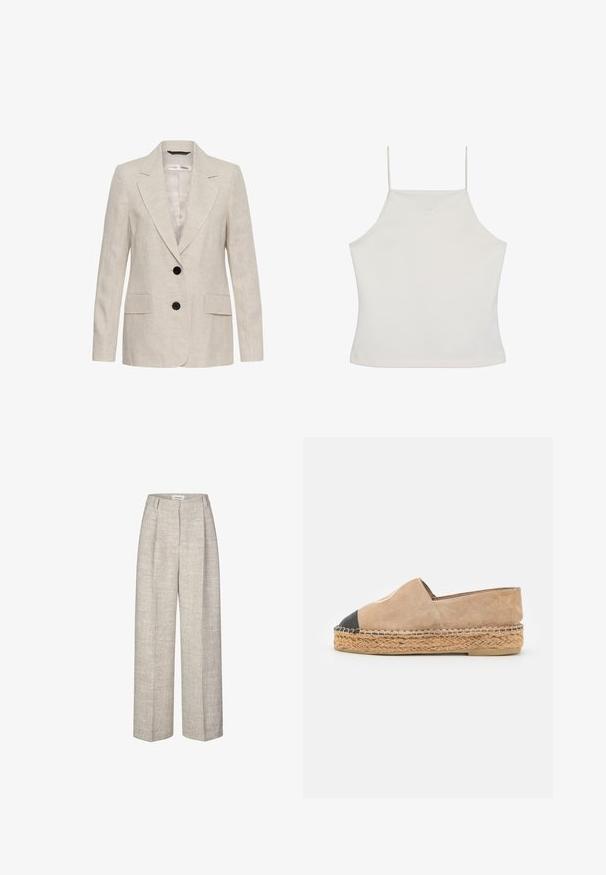 Beige hørblazer med to sorte knapper, hakkede revers, lange ærmer og to forlommer med klap, unisex stil.; Hvid ærmeløs crop top med tynde stropper og diskret "cK"-logo broderet på brystet, ensfarvet baggrund.; Lys grå højtaljede bukser med et tekstureret stof, brede ben og to frontfoldninger. Har en lukning med frontknap og bæltesløjfer.; Walk London VENICE FULL - Espadrilles - off white