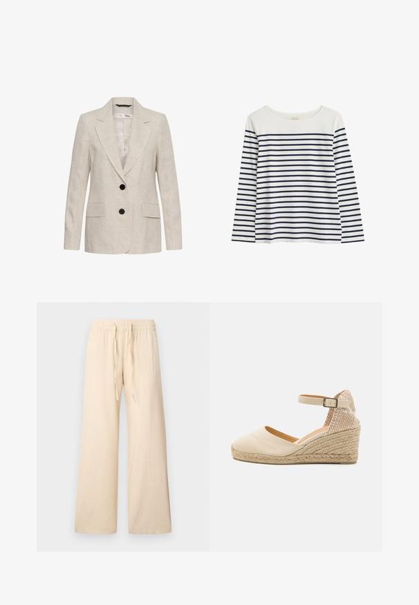 Beige linnen blazer met twee zwarte knopen, ingesneden revers, lange mouwen en twee voorflapzakken, uniseks stijl.; Langärmbla top van biologisch katoen met een witte achtergrond en marineblauwe horizontale strepen. Ronde halslijn, relaxte pasvorm, geen zichtbare accenten.; Beige broek met wijde pijpen gemaakt van zacht materiaal, met een elastische taille en een trekkoord zonder zichtbare patronen of accenten.; Beige canvas wedge espadrille met een gestructureerd achterpaneel, enkelbandje en gevlochten jute zool. Rond de teen en vlakke hak.