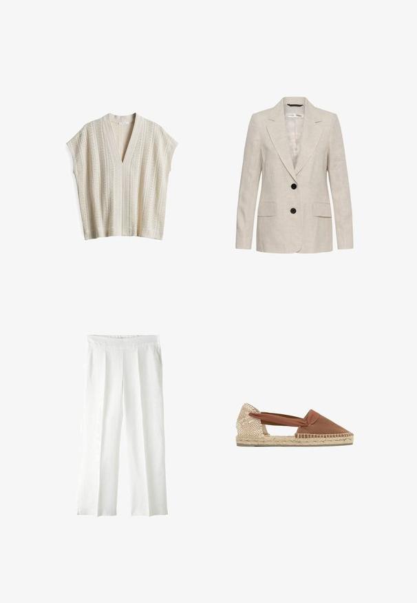 Beige linnen blazer met twee zwarte knopen, ingesneden revers, lange mouwen en twee voorflapzakken, uniseks stijl.; Lichtbeige gebreid top met V-hals, korte mouwen en verticale streeptekstuur. Heeft een open weefstructuur en ribbelaccenten.; Witte linnen wijde pijpen broek met een hoge taille en geplooide voorkant, met een soepele textuur en losse pasvorm. Geen zichtbare hardware of accenten.; Bruine dichte espadrille met gevlochten beige hak, elastische enkelband en gevlochten juten zool op een witte achtergrond.