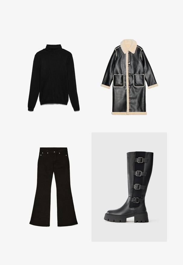 Manteau en cuir noir avec un col et une doublure en shearling beige, poches avant et fermetures à bouton, avec des détails de couture blanche contrastante.; Pull à col roulé noir en tissu tricoté. Comprend des manches longues, un col côtelé et une coupe décontractée. Aucune texture ou accent visible.; Jean évasé noir en coton. Doté d'une fermeture à bouton et éclair, de cinq poches et de quincaillerie argentée. Texture lisse.; Bottes noires en cuir, hauteur genou, avec trois sangles ajustables à boucles sur le côté, semelle en caoutchouc épaisse avec des rainures pour la traction.