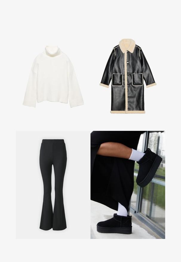 Manteau en cuir noir avec un col et une doublure en shearling beige, poches avant et fermetures à bouton, avec des détails de couture blanche contrastante.; Pull à col roulé blanc en tissu doux, présentant une coupe décontractée, des épaules tombantes et des poignets et un ourlet larges côtelés.; Pantalons noirs évasés en tissu extensible. Présentent une taille haute et un design lisse et ajusté qui s'évase à partir du genou.; Bottines en cuir suédé noir à semelle plate, avec une languette arrière, portées avec des chevilles blanches sur un fond minimaliste.