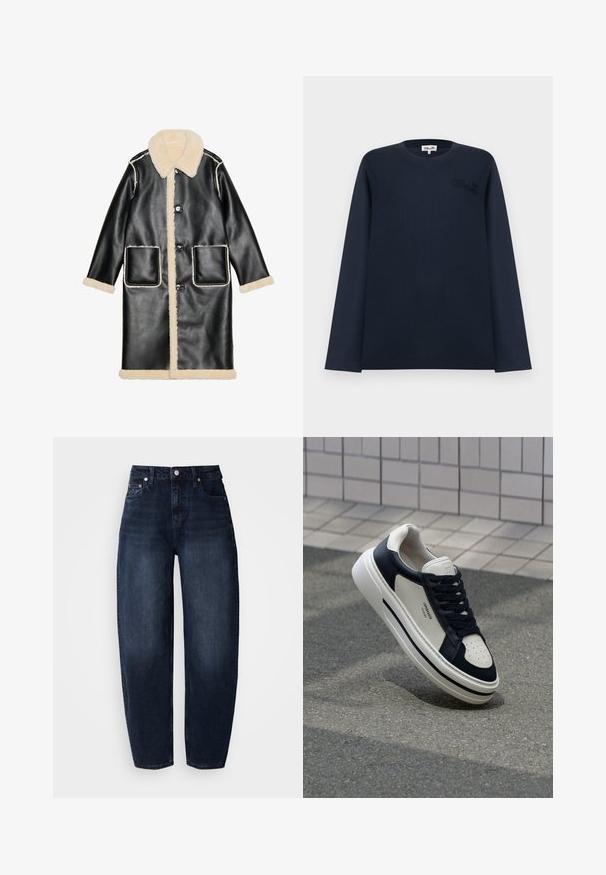 Sort læderfrakke med en beige shearlingkrave og foret, frontlommer og knaplukninger, samt kontrastfulde hvide syninger.; Mørkeblå langærmet t-shirt med rund hals, fin broderet tekst på øverste venstre bryst og en mærkeetiket inde i kraven.; Mørkeblå denimjeans med løs pasform, med høj talje, lige ben og klassisk fem-lomme design.; Hvide og marineblå lædersneakers med perforeret tå, snørebånd og en struktureret gummisål, som har branding på siden.