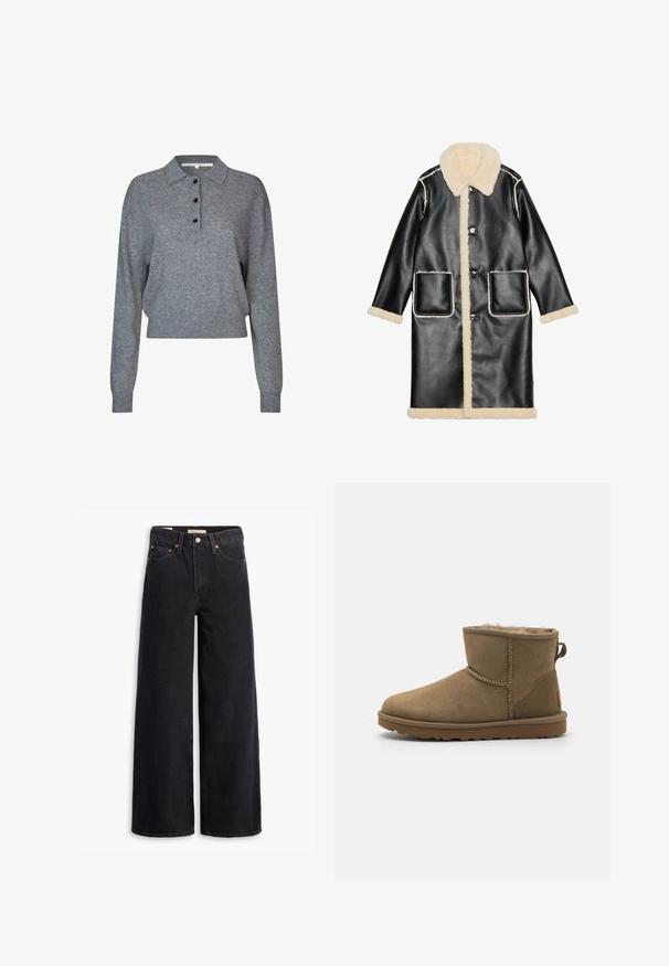 Zwarte leren jas met een beige schapenvacht kraag en voering, voorzakken en knoopsluitingen, met contrasterende witte stiksels.; Grijze gebreide pullover met een kraag, drie zwarte knopen, lange mouwen en een korte onderrand. Zachte textuur en eenvoudige ontwerpelementen.; Zwarte brede jeans gemaakt van denim, met vijf zakken, koperen klinknagels en een klassieke knoopsluiting. Glad van textuur met een strakke uitstraling.; Bruine suède enkelboot met een zachte, pluizige voering, ronde neus en een lusaccent aan de achterkant. Vlakke rubberen zool met een gestructureerde grip.