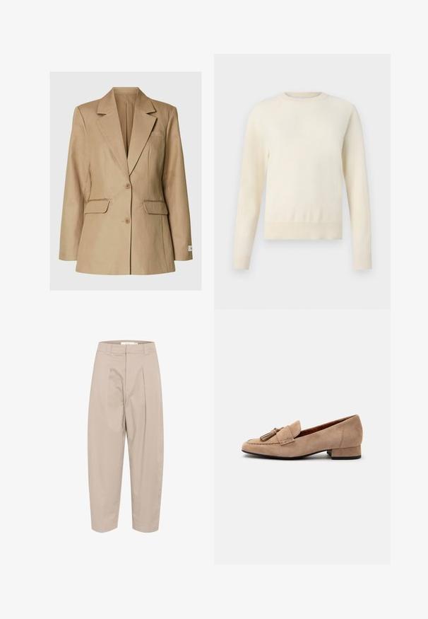 Blazer beige de un solo pecho con solapas con muesca, dos bolsillos delanteros con solapa, bolsillo de ojal en el pecho y dos botones en el centro.; Suéter de color crema claro con mangas largas, cuello redondo y dobladillo de canalé. Fabricado con un material suave, presenta una textura lisa.; Pantalones de mezcla de algodón color beige con un ajuste holgado, que presentan pliegues en la parte delantera, una cinturilla y tobillos recortados. Diseño sencillo, sin patrones ni acentos.; Mocasín beige de ante con tacón bajo, decoración de borla en la parte delantera y puntera redondeada, mostrado de lado sobre un fondo blanco.